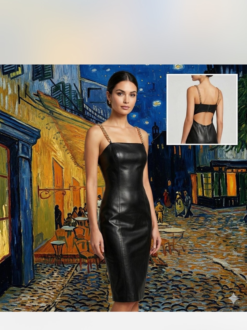 EUC Alice + Olivia Black Faux Leather Midi Dress ~ Chain Straps & Cutout ~ 12